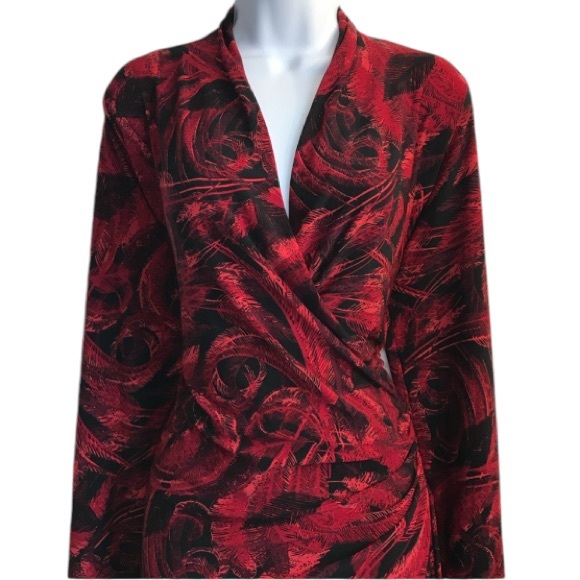 Norma Kamali red & black feather print faux wrap ls jersey dress size L in EUC - Picture 5 of 15